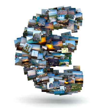 Euro sign  from lot of photography pictures on whiteの写真素材