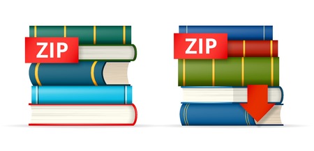 ZIP paked books icons, stack of books and download button, vector illustrationのイラスト素材