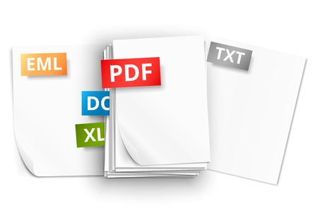Big stack of white paper sheets and scattered pages with file extension iconsのイラスト素材