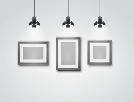 Gallery room gray wall interior with blank frames illuminated with spotlights. Realistic 3d vector illustrationのイラスト素材