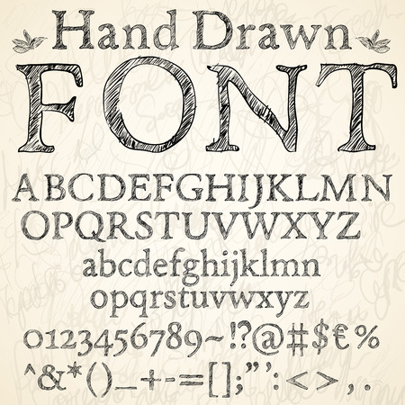 Hand drawn coal or pencil sketched font letters, numbers and symbols on a blackboard background, vector illustrationのイラスト素材