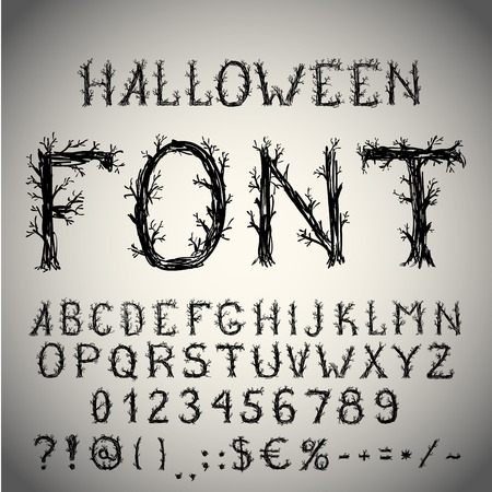 Dead forest style hand drawn font, pencil stroke alphabet, grunge style with tree-like letters. のイラスト素材