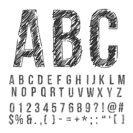Hand drawn pencil sketched font: letters, numbers and symbols, vectorのイラスト素材