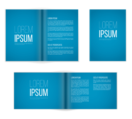 A4 or other A format  blue brochure templates. Cover and  double-page spread both vertical and horisontal design with  text elements.のイラスト素材