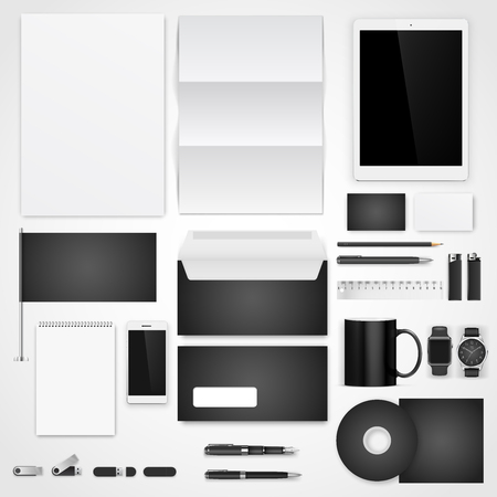 Illustrazione per Black and white  design template of corporate identity  with big set of business stationery. Vector illustration - Immagini Royalty Free