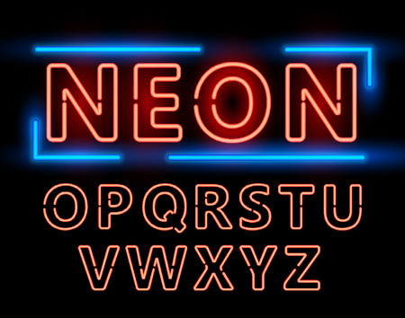 Red Neon Double Stroke Alphabet Set for Signs. Realistic vector font set second halfのイラスト素材