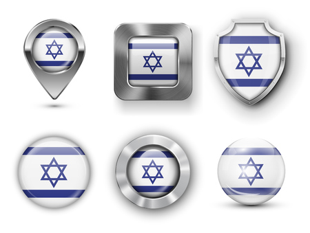 Israel Metal and Glass Flag Badges, Buttons, Map marker pin and Shields. Vector illustrationsのイラスト素材