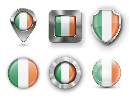 Ireland Metal and Glass Flag Badges, Buttons, Map marker pin and Shields. Vector illustrationsのイラスト素材