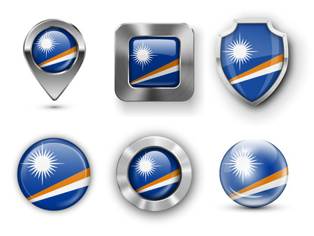Marshall Islands Metal and Glass Flag Badges, Buttons, Map marker pin and Shields. Vector illustrationsのイラスト素材