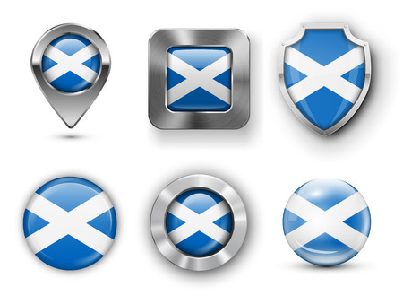 Scotland Metal and Glass Flag Badges, Buttons, Map marker pin and Shields. Vector illustrationsのイラスト素材