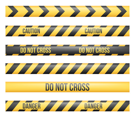 Vector set of seamless Danger and Police Tape Lines for restriction and dangerous zones, construction site, crime placesのイラスト素材