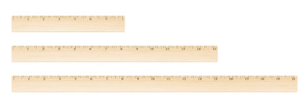 Wooden different size rulers 8, 15 and 20 inch long isolated on white background