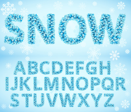 Winter Snow Frozen Blue Leaves  Alphabet. Vector fontのイラスト素材