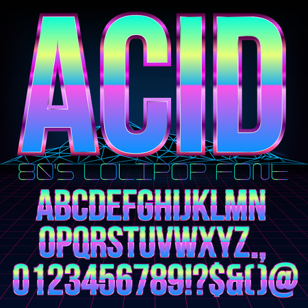 Acid Lollipop style Retro futurism 80's sci-fi metallic chrome violet colored bright style action movie vector font set.のイラスト素材