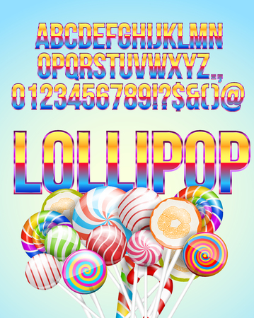 Candy Lollipop Red and Yellow Girl Retro 80's colored bright style vector font set.のイラスト素材