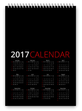 Simple calendar 2017 black colored template. Week starts from sunday. Vector realistic spiral notepad notebookのイラスト素材