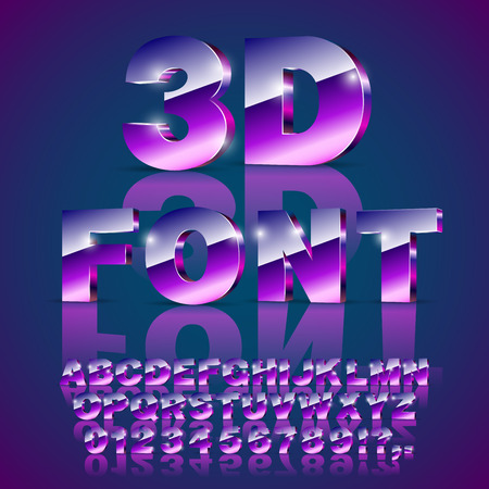 Decorative shine 3d metal style violet bright looks alphabet and number. Vector font setのイラスト素材