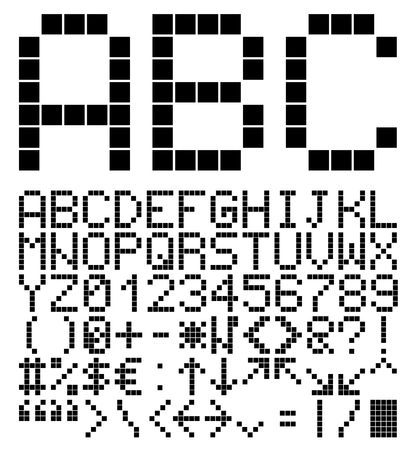 Old computer pixilate font. 5x7 pixels glyphs charset, vector set.のイラスト素材