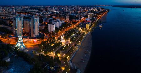 Quay of Samara city at night, Aerial view from Volga riverの写真素材