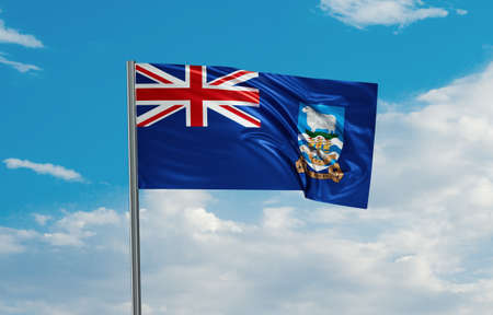 Falkland Islands national flag waving in the wind. Sky background 3D illustrationの写真素材