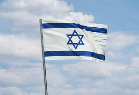 Israel national flag waving in the wind. Sky background 3D illustrationの写真素材