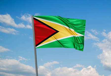 Guyana national flag waving in the wind. Sky background 3D illustration
