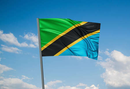 Tanzania national flag waving in the wind. Sky background 3D illustrationの写真素材