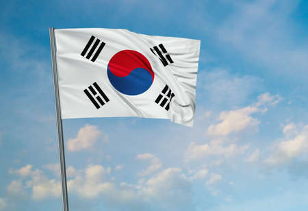 South Korea national flag waving in the wind. Sky background 3D illustrationの写真素材