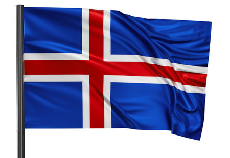 Iceland national flag waving in the wind. Isolated on white background 3D illustrationの写真素材