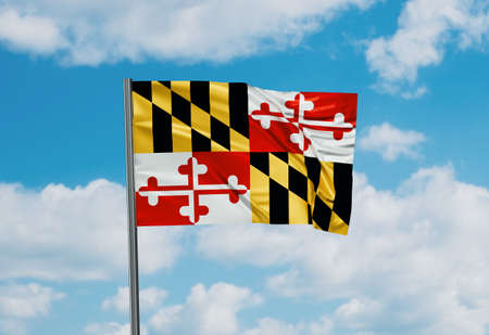 Maryland US state flag waving in the wind on sky with cloudsの写真素材