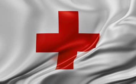 Red Cross flag full screen background, silk farbric, close up waving in the windの写真素材