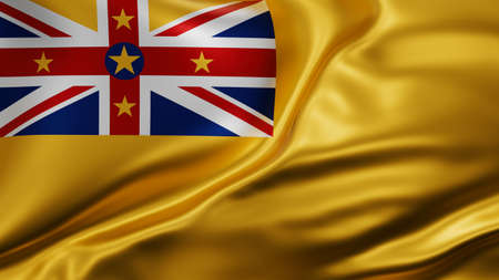 Niue flag full screen background, silk farbric, close up waving in the windの写真素材
