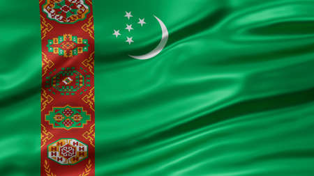 Turkmenistan national flag full screen background, silk farbric, close up waving in the windの写真素材
