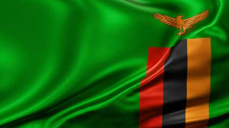 Zambia national flag full screen background, silk farbric, close up waving in the windの写真素材