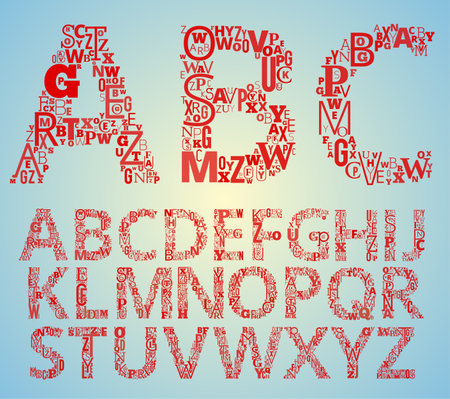 Alphabet typesets. Red letters makes from different fonts Letters.のイラスト素材