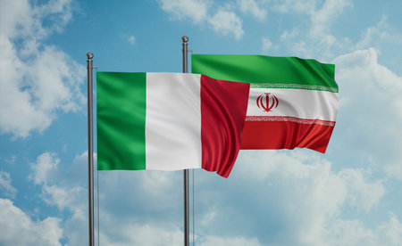Iran flag and Italy flag waving together on blue skyの写真素材