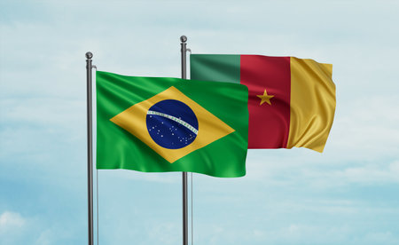 Cameroon flag and Brazil flag waving together on blue sky, two country cooperation conceptの写真素材
