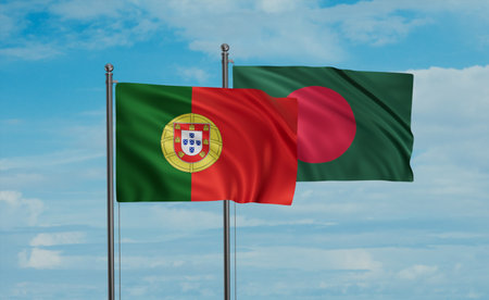 Bangladesh flag and Portugal flag waving together on blue sky, two country cooperation concept