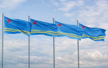 Aruba four flags in row waving together on blue cloudy skyの写真素材