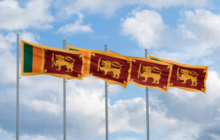 Sri Lanka four flags in row waving together on blue cloudy sky, multiple flags in lineの写真素材