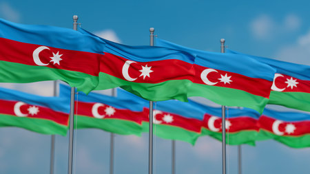Azerbaijan many flags in row waving together on blue cloudy sky, multiple flags in lineの写真素材