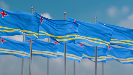 Aruba many flags in row waving together on blue cloudy skyの写真素材