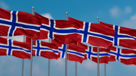 Norway many flags in row waving together on blue cloudy sky, multiple flags in lineの写真素材
