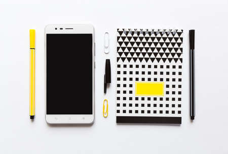 School supplies on white background, top view. School or office concept.