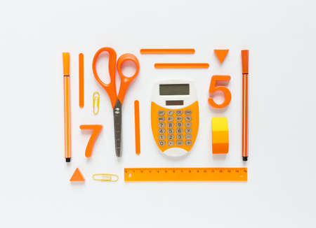 School supplies on white background, top view. Back to school concept.