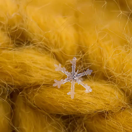 Macro close up from a natural snowflake on the yellow gold backgroundの写真素材