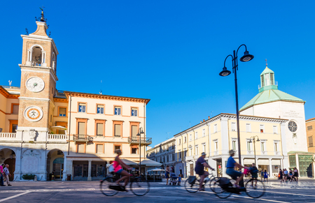 14 AUGUST 2016. People at the central square of old town in Rimini, Italy.のeditorial素材