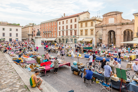 19 AUGUST 2016. Flea market at the old square in Rimini, Italyのeditorial素材