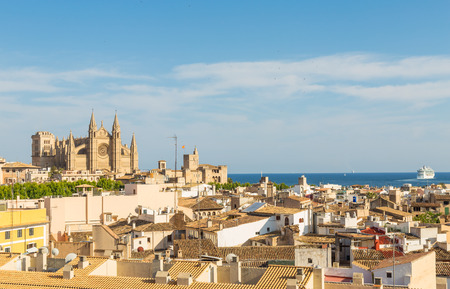 Overview of La Seu cathedral and roofs of center of Palma de Mallorcaの写真素材