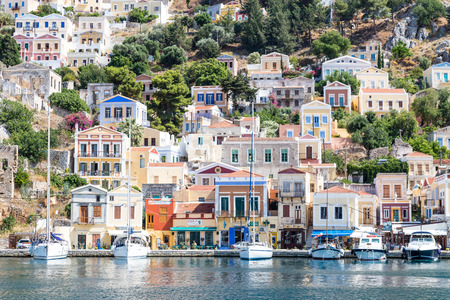 22 JUNE 2017. View of the bay at Symi island, Greece